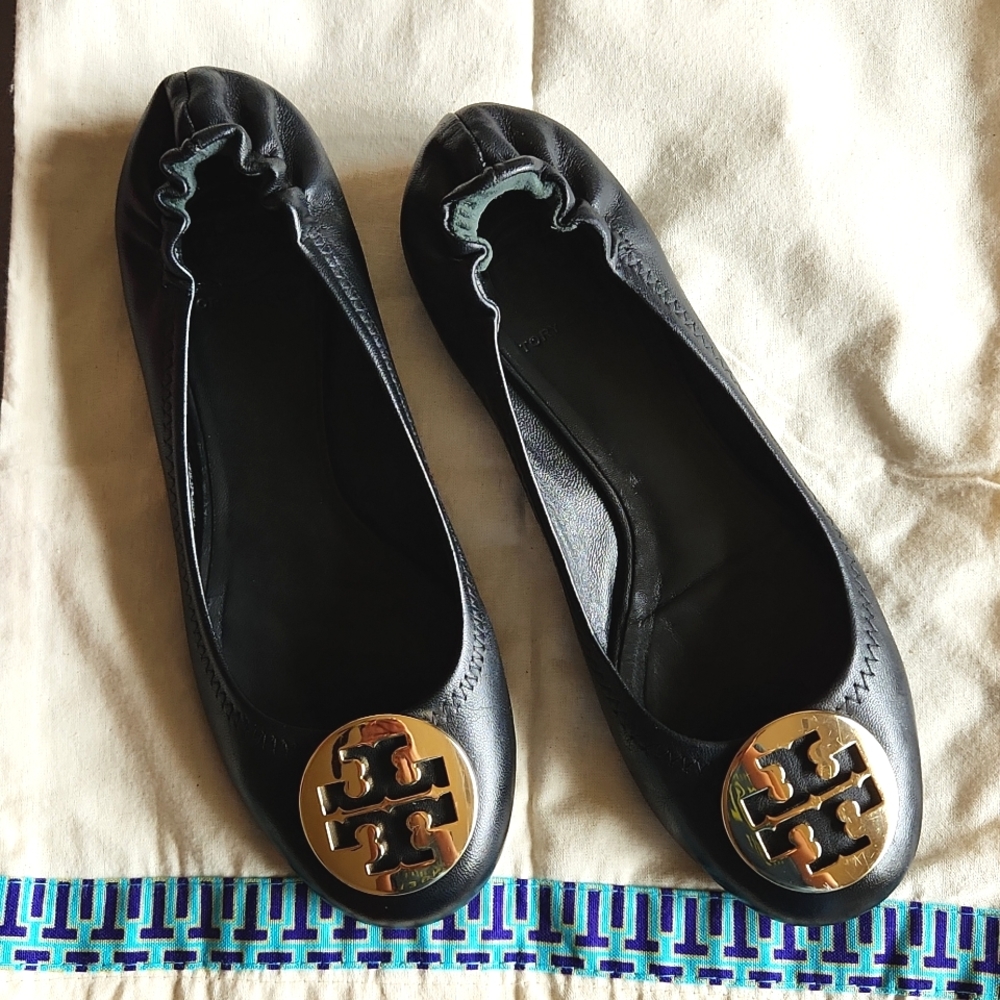 Tory Burch Minnie Black Leather Ballet Flats Size:7